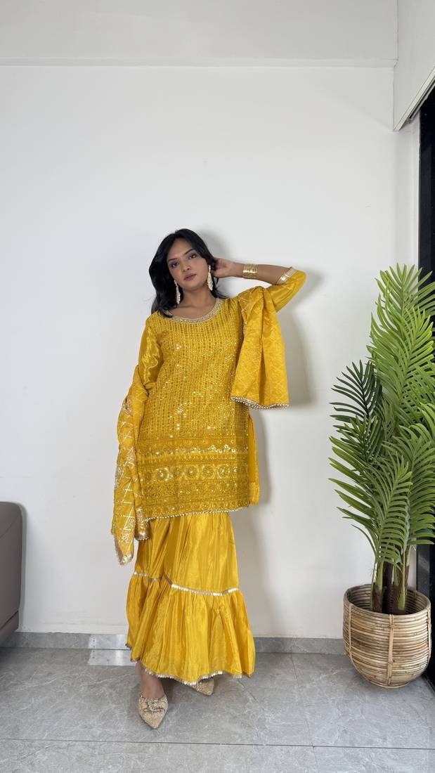 Yellow Colour Chinnon Silk Embroidery Work Fully Stitched Salwar Suit