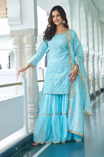 Sky Blue Chinon Silk Embroidered Salwar Suit