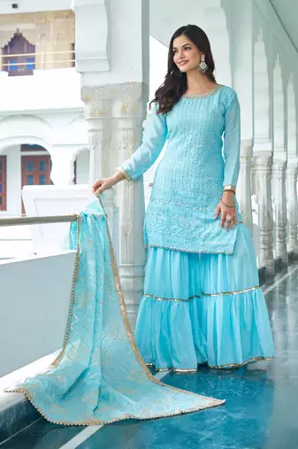 Sky Blue Chinon Silk Embroidered Salwar Suit