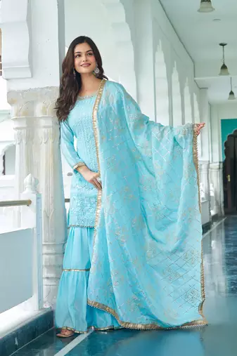 Sky Blue Chinon Silk Embroidered Salwar Suit