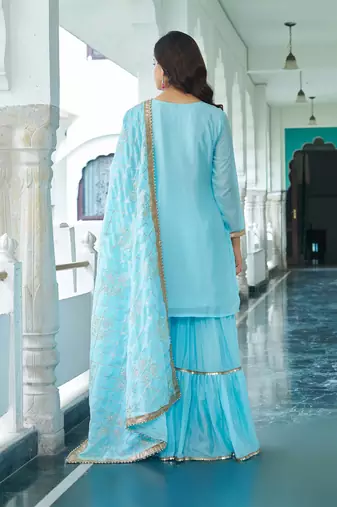 Sky Blue Chinon Silk Embroidered Salwar Suit
