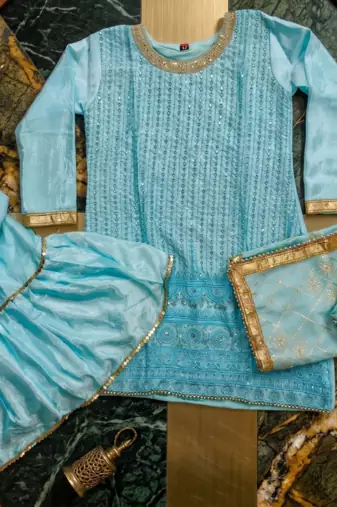 Sky Blue Chinon Silk Embroidered Salwar Suit