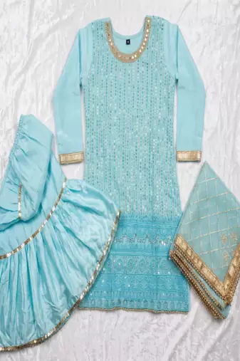 Sky Blue Chinon Silk Embroidered Salwar Suit
