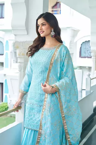 Sky Blue Chinon Silk Embroidered Salwar Suit