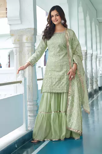 Mint Green Colour Chinnon Silk Embroidery Work Fully Stitched Salwar Suit