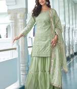 Mint Green Colour Chinnon Silk Embroidery Work Fully Stitched Salwar Suit