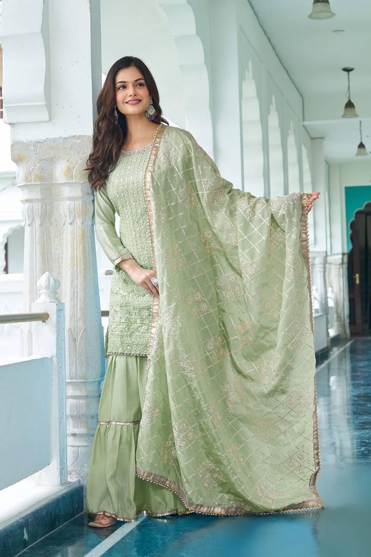 Mint Green Colour Chinnon Silk Embroidery Work Fully Stitched Salwar Suit