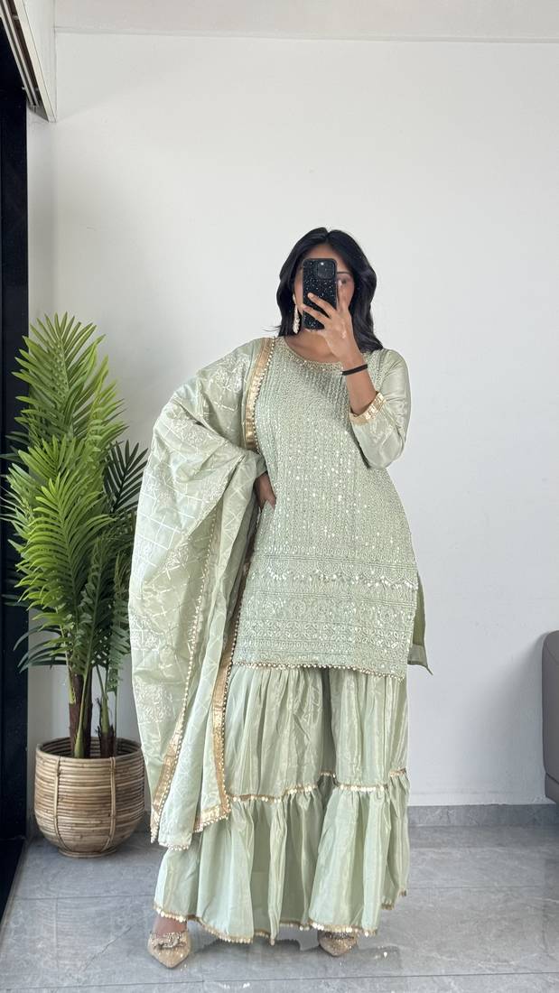 Mint Green Colour Chinnon Silk Embroidery Work Fully Stitched Salwar Suit