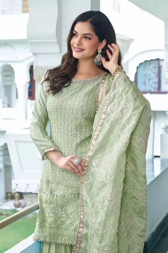 Mint Green Colour Chinnon Silk Embroidery Work Fully Salwar Suit