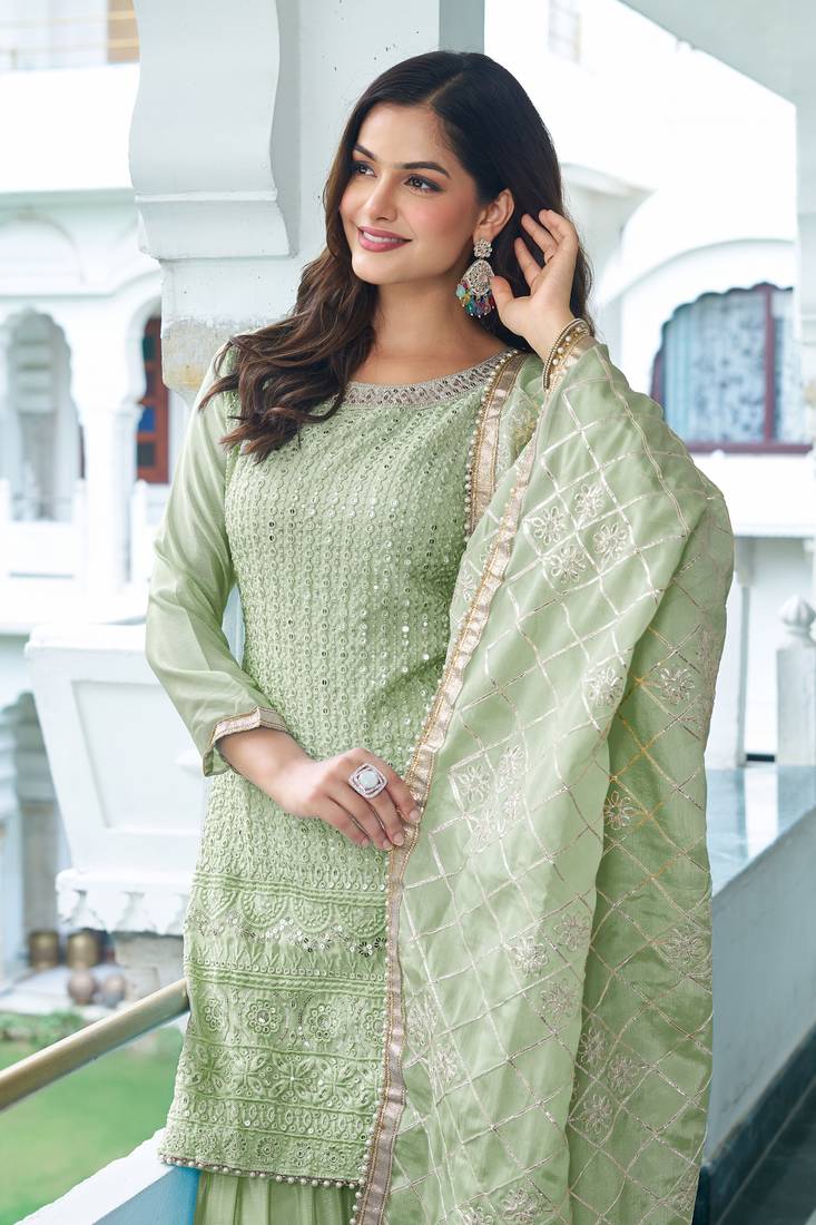 Mint Green Colour Chinnon Silk Embroidery Work Fully Stitched Salwar Suit