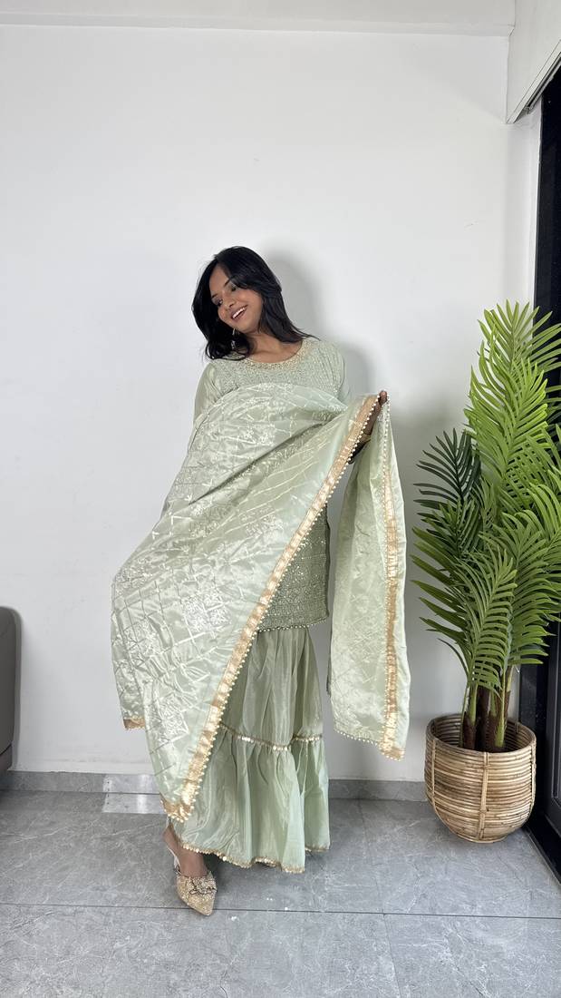 Mint Green Colour Chinnon Silk Embroidery Work Fully Stitched Salwar Suit