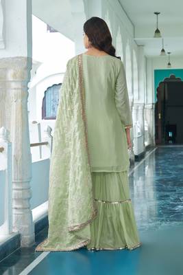 Mint Green Colour Chinnon Silk Embroidery Work Fully Salwar Suit 5