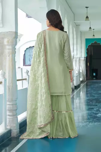 Mint Green Colour Chinnon Silk Embroidery Work Fully Salwar Suit
