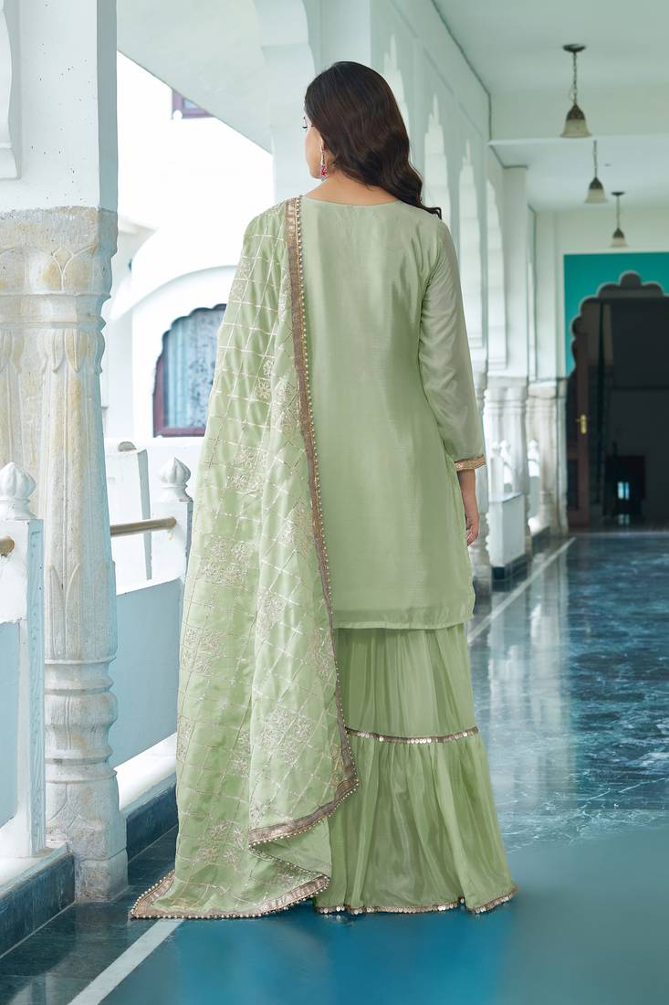 Mint Green Colour Chinnon Silk Embroidery Work Fully Stitched Salwar Suit