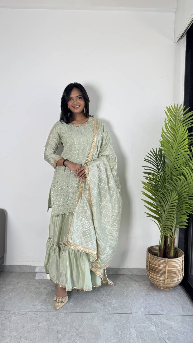 Mint Green Colour Chinnon Silk Embroidery Work Fully Stitched Salwar Suit