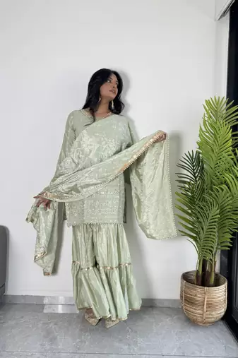 Mint Green Colour Chinnon Silk Embroidery Work Fully Salwar Suit
