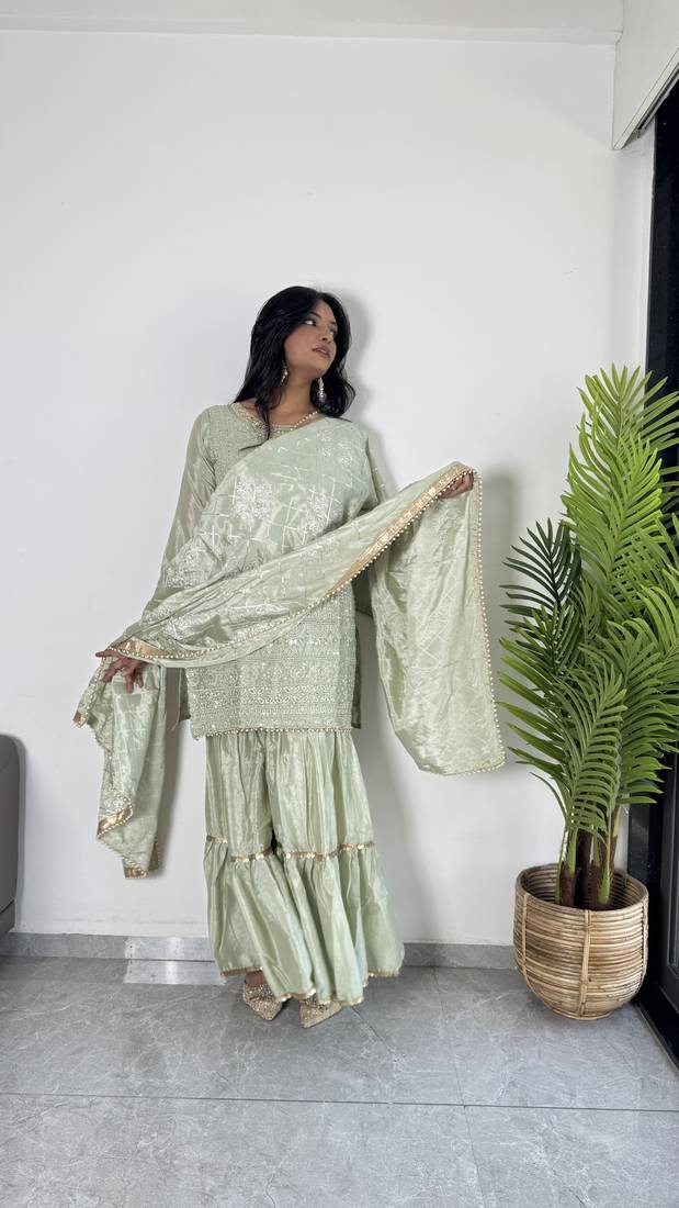 Mint Green Colour Chinnon Silk Embroidery Work Fully Stitched Salwar Suit