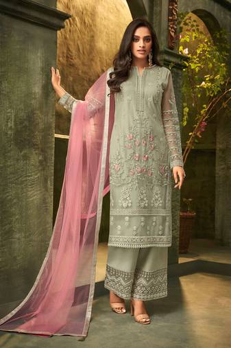 Olive green zari embroidery and dimoand net straight pant - full stitched