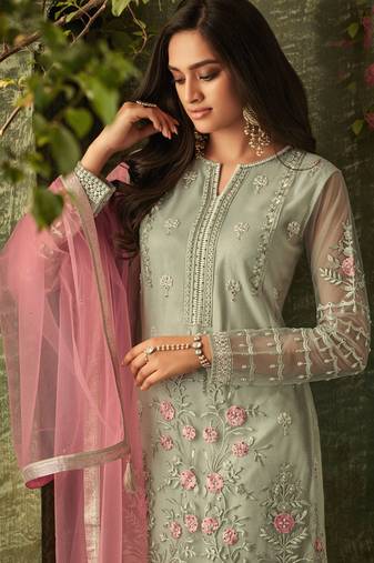 Olive green zari embroidery and dimoand net straight pant - full stitched