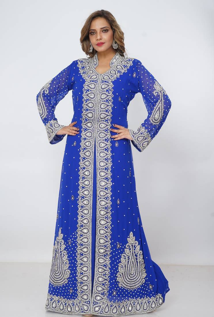 blue  kaftan women dress long gown farasha morocco wear