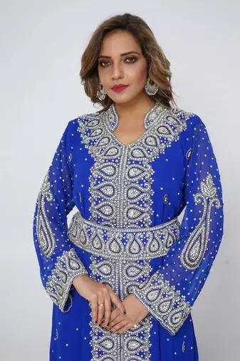 blue  kaftan women dress long gown farasha morocco wear