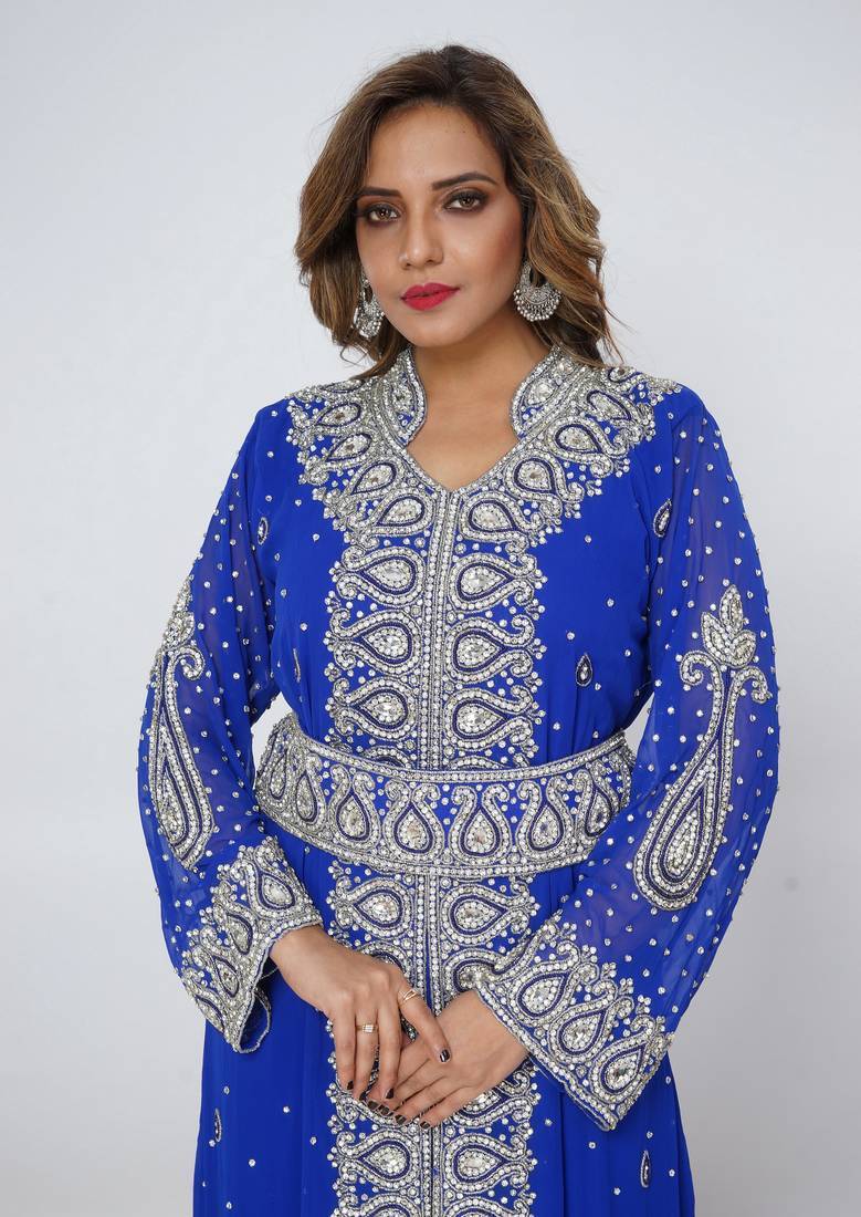 blue  kaftan women dress long gown farasha morocco wear