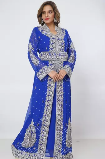 blue  kaftan women dress long gown farasha morocco wear