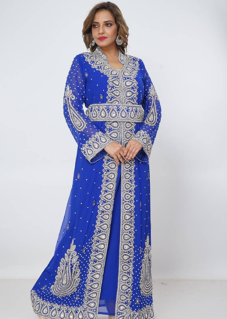 blue  kaftan women dress long gown farasha morocco wear