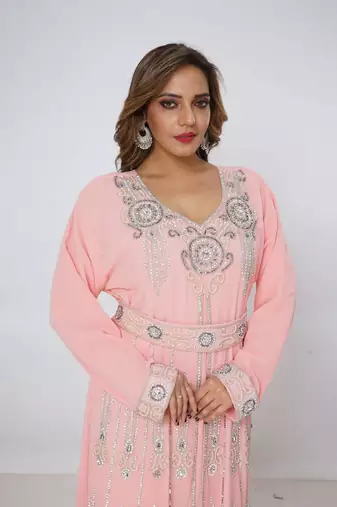 baby-pink  kaftan women dress long gown farasha morocco wear