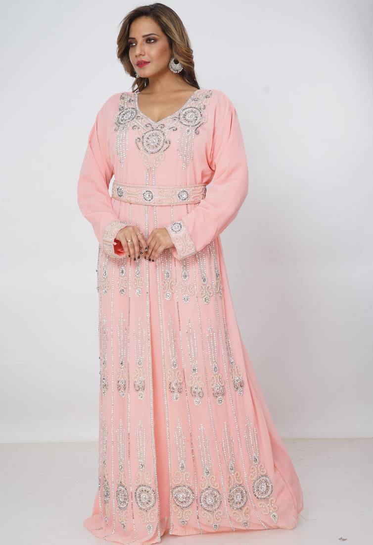 baby-pink  kaftan women dress long gown farasha morocco wear