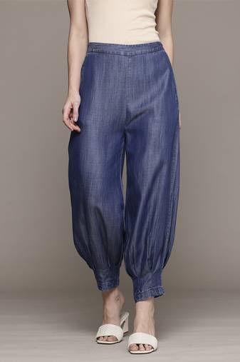 Blue tencel denim pants by ritu kumar