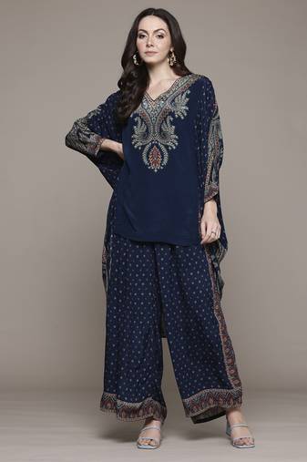 Blue arith kaftan with pant and inner co-ord set by ritu kumar