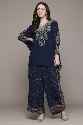 Blue arith kaftan with pant and inner co-ord set by ritu kumar