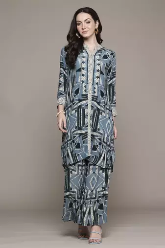 Blue arunya shirt with pant co-ord set by ritu kumar