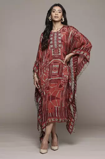 Red arunya long dress with camisole by ritu kumar