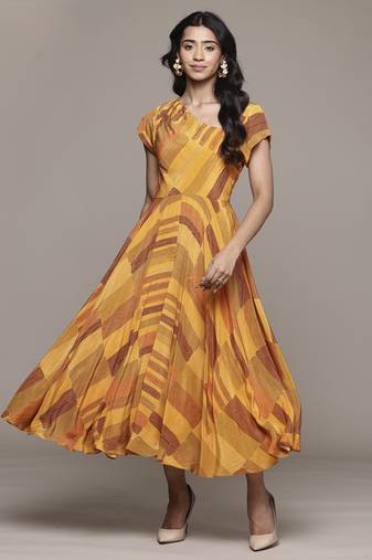 Rust bauhaus print long dress by ritu kumar