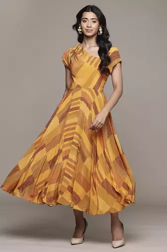 Rust bauhaus print long dress by ritu kumar