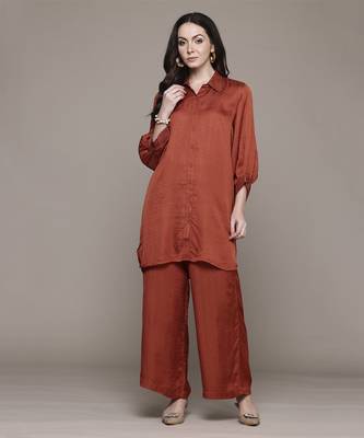Rust essential-shyala solid shirt with pant co-ord set by ritu kumar 1