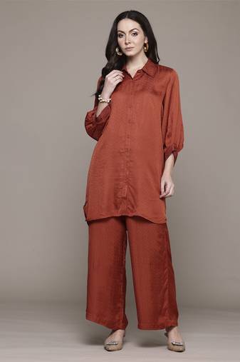 Rust essential-shyala solid shirt with pant co-ord set by ritu kumar