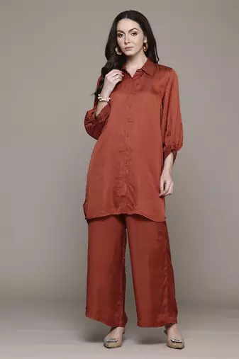Rust essential-shyala solid shirt with pant co-ord set by ritu kumar