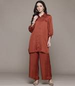 Rust essential-shyala solid shirt with pant co-ord set by ritu kumar