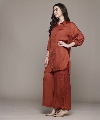 Rust essential-shyala solid shirt with pant co-ord set by ritu kumar 4