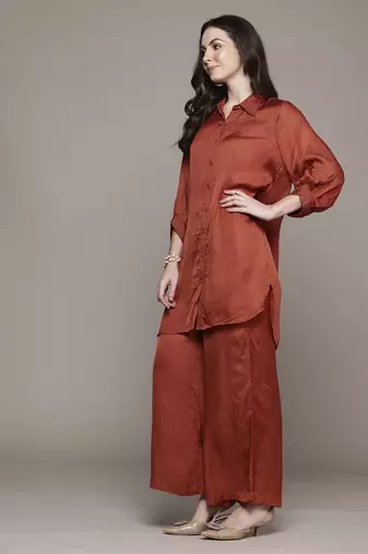 Rust essential-shyala solid shirt with pant co-ord set by ritu kumar