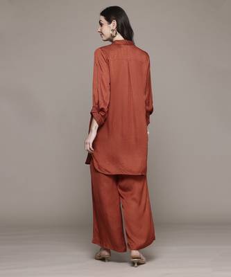 Rust essential-shyala solid shirt with pant co-ord set by ritu kumar 5