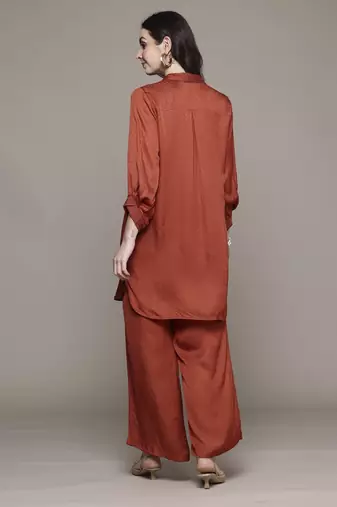 Rust essential-shyala solid shirt with pant co-ord set by ritu kumar