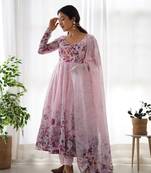 Pink Anarkali Suit  Pure Organza Silk with Elegant Kali Pattern