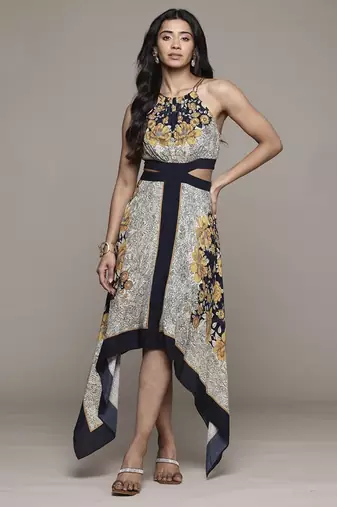 Black mono floral long dress by ritu kumar