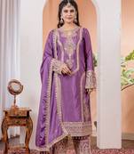 Mauve Colour Chinnon Silk Embroidery Work Fully Stitched Salwar Suit