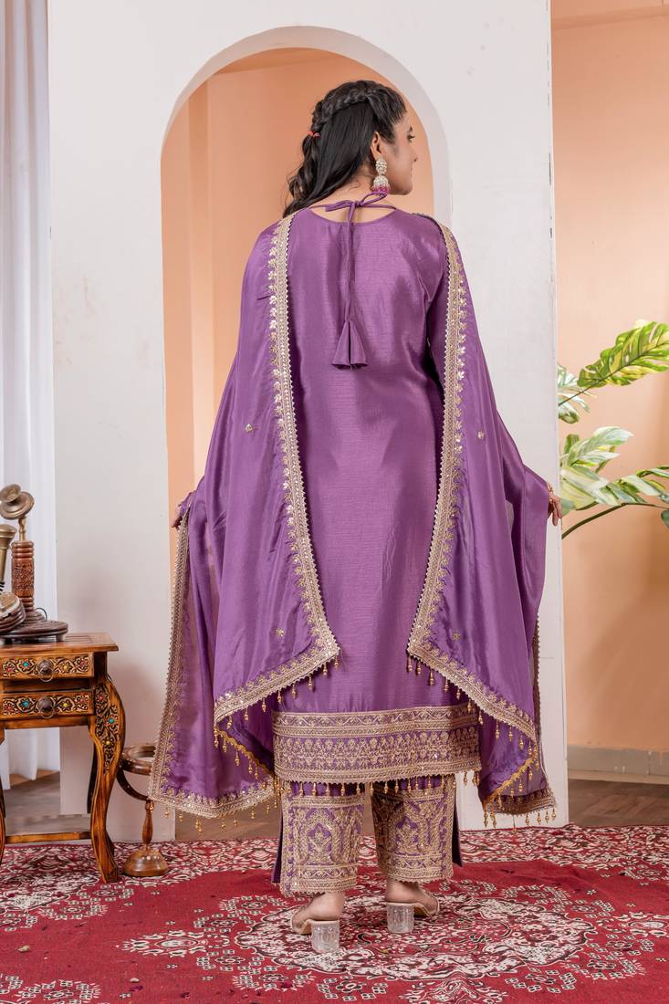 Mauve Colour Chinnon Silk Embroidery Work Fully Stitched Salwar Suit