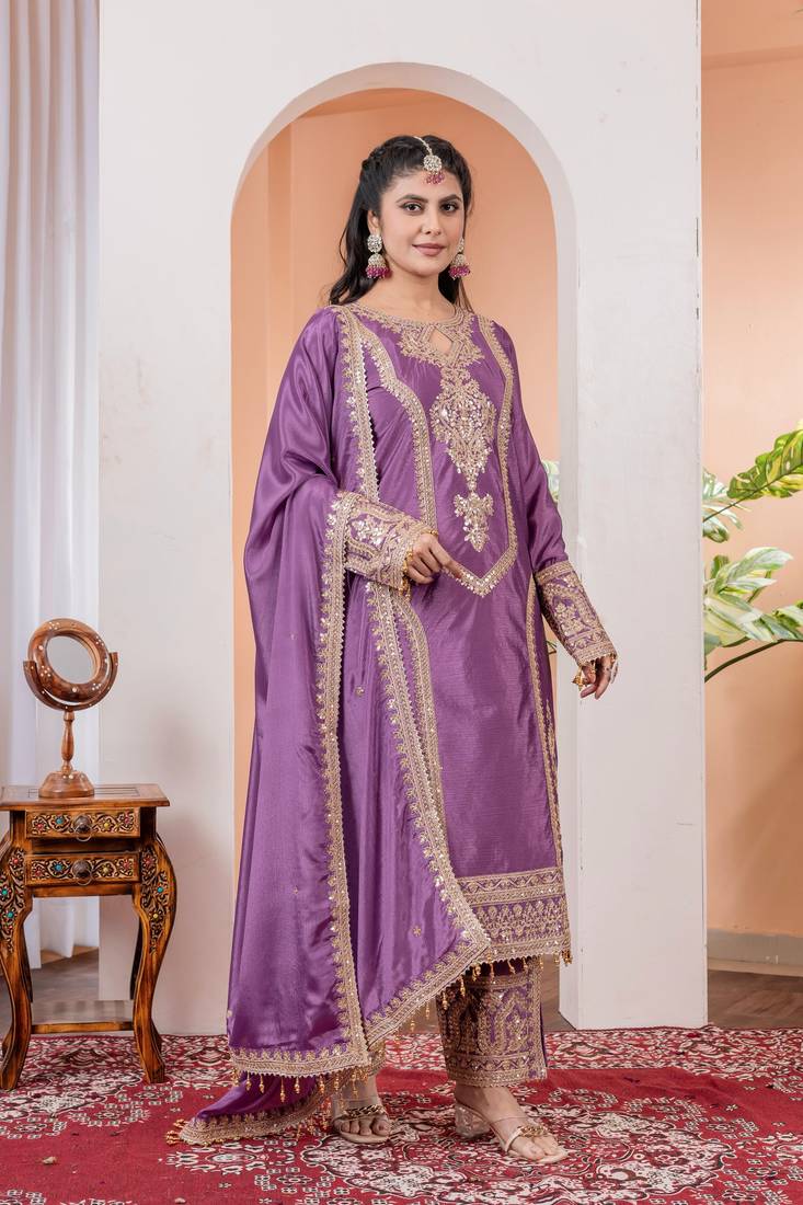 Mauve Colour Chinnon Silk Embroidery Work Fully Stitched Salwar Suit